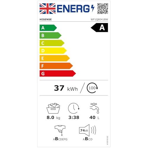Hisense 1Q Series WF1Q8041BW Freestanding 8 KG Front Load Washing Durable Inverter Machine, Steam Wash, Quick Wash, 15 Washing Programs 1400 RPM White - Energy Rating A