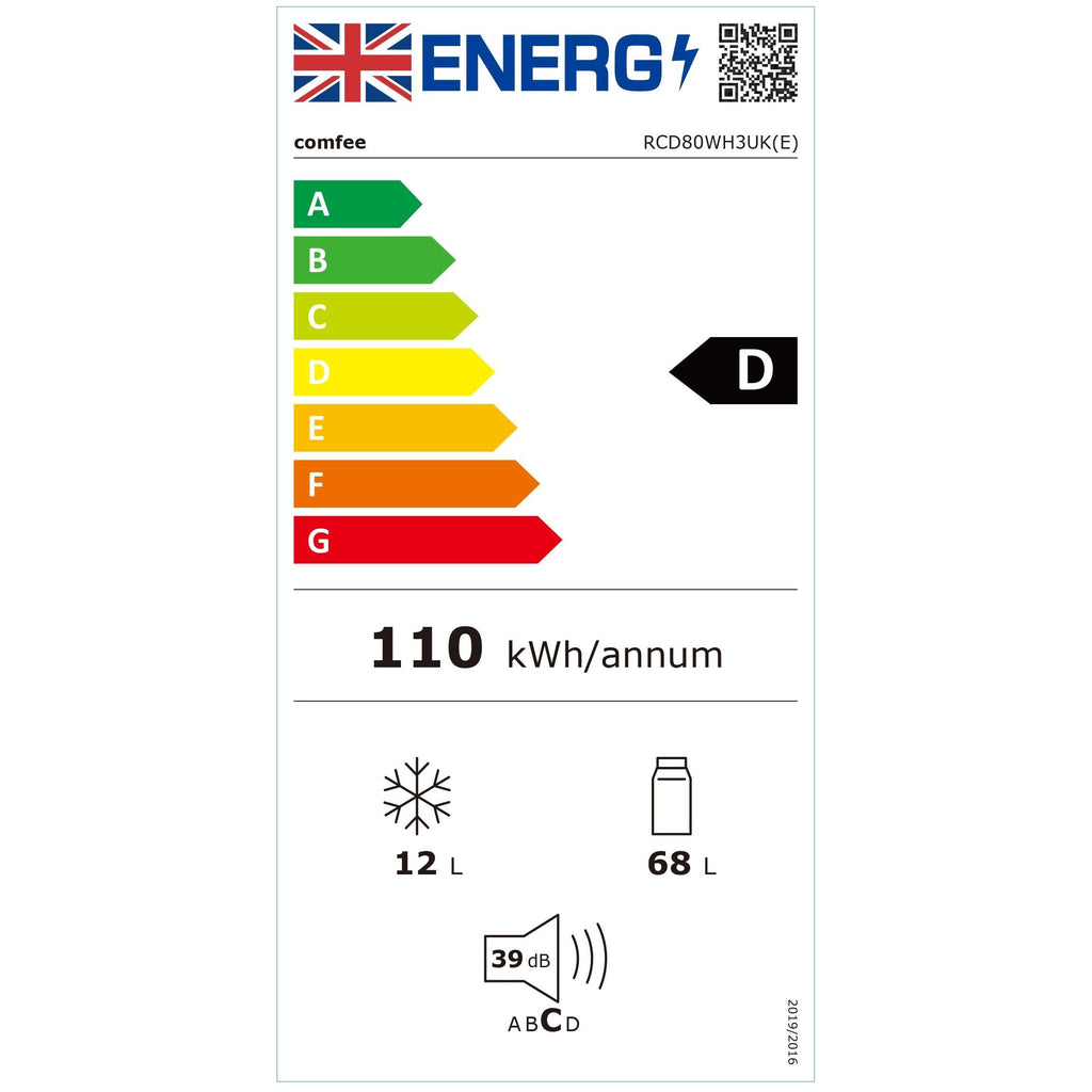 COMFEE' RCD80WH3UK(E) 80L Under Counter Fridge with 4 Star Ice Box, Inverter Compressor, Quiet 39dB, LED Light, Reversible Door, Adjustable Temperature Control, White